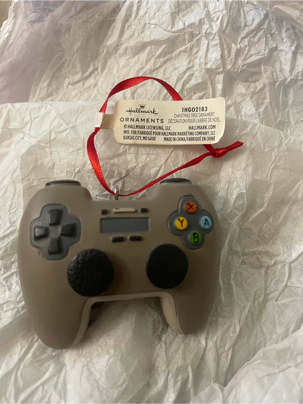 Hallmark Taupe Game Controller Tree Ornament with Red Ribbon